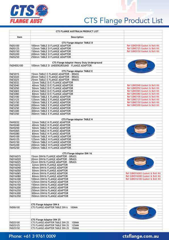 CTS Flange Australia product range list